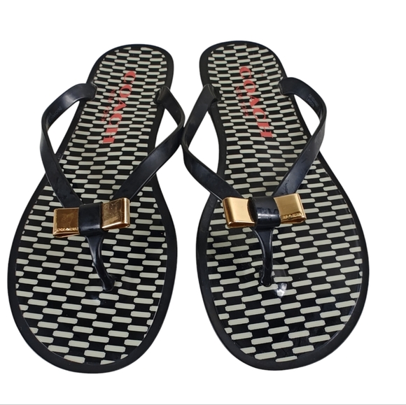 COACH Black White Landon Jelly Bow Flip Flop SANDALS Size 9 - Picture 5 of 10